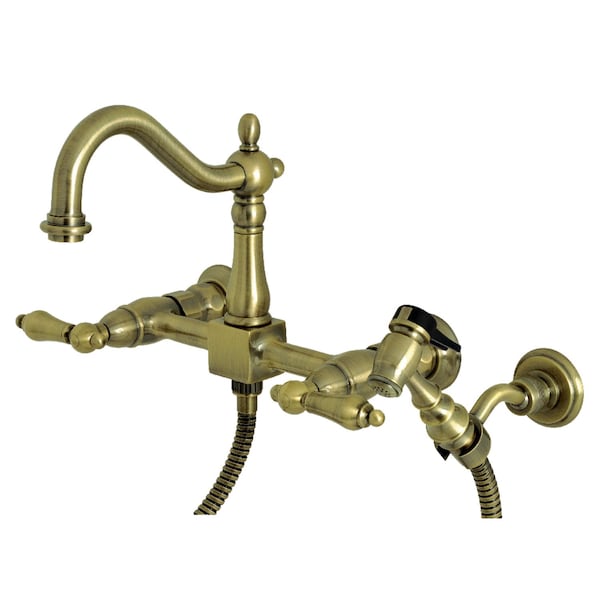 Heritage Wall Mnt Bridge Kitchen Faucet W/Brass Sprayer, Brass